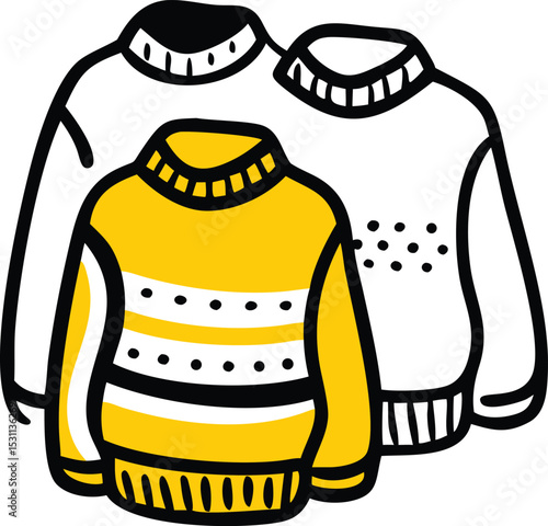 A pair of cozy sweaters, one yellow with white stripes and the other white with black dots, ready to keep you warm during the winter season.