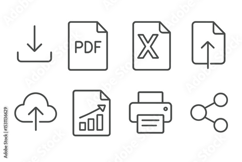 Data Export Icons. Line style icons of data export: download icon, PDF file, Excel sheet, CSV export, cloud upload, report send,
