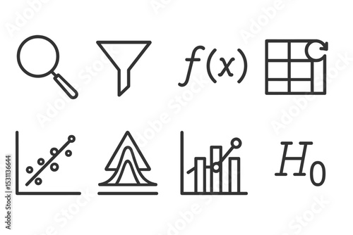 Data Analysis Icons. Line style icons of data analysis tools: magnifying glass, filter funnel, formula icon, pivot table,