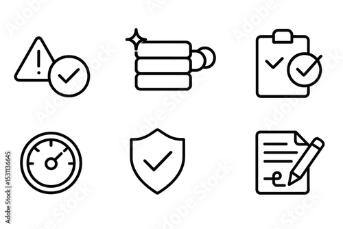 Data Quality Icons. Line style icons of data quality: error check, data clean, duplicate finder, validation icon, completeness