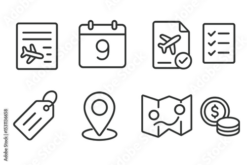 Travel Planning Icons. Line style icons of travel planning: itinerary sheet, calendar date, booking confirmation, travel checklist