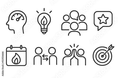 Learner Engagement Icons. Line style icons of learner engagement: focus meter, motivation spark, social interaction, feedback