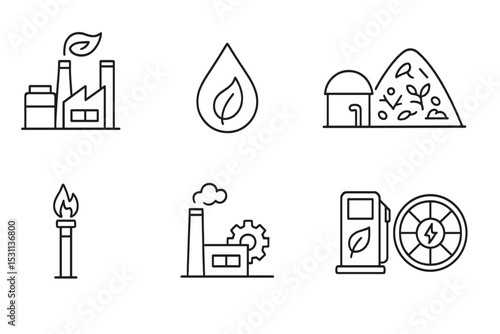 Bioenergy Line Icons. Line style icons of bioenergy: biomass plant, biofuel drop, anaerobic digester, feedstock pile, biogas flare