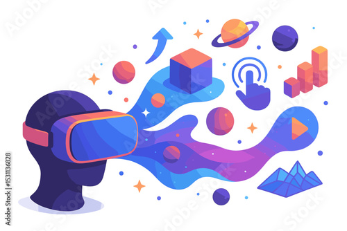 Holographic VR Universe. Colorful vector composition of virtual reality, headset bursting into holograms, 3D objects, space and