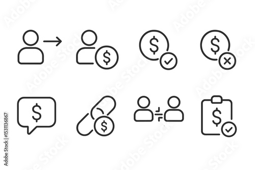 Peer-to-Peer Payment Icons. Line style icons of peer-to-peer payments: send money, request money, payment accepted, payment