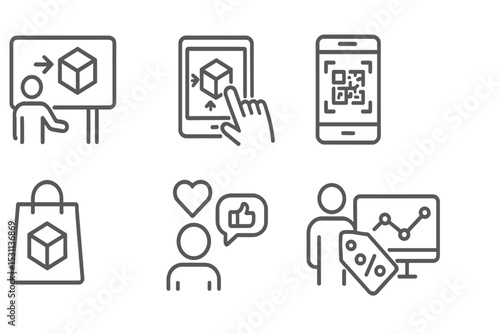 AR Marketing Icons. Line style icons of AR marketing: interactive billboard, product demo, QR code scan, virtual try-on, brand
