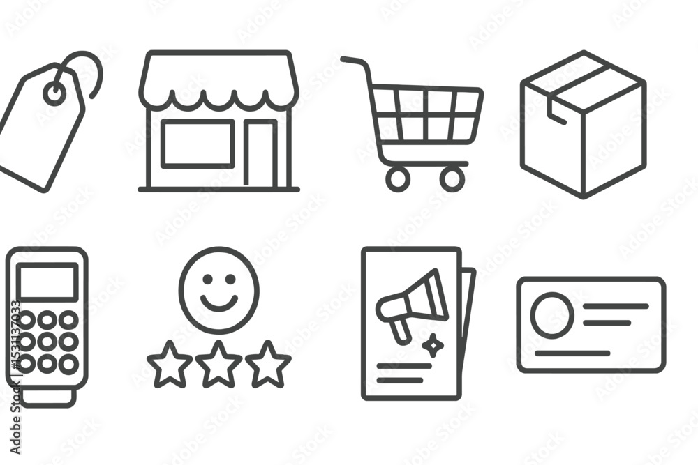 Handmade Business Icons. Line style icons of handmade business: price tag, shop window, shopping cart, delivery box, payment Handmade Business Icons. Line style icons of handmade business: price tag, shop window, shopping cart, delivery box, payment