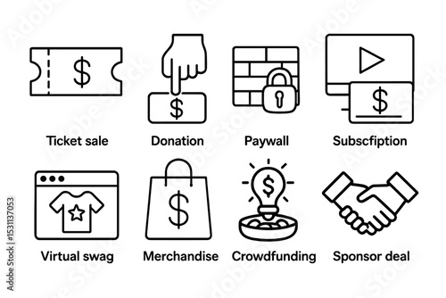 Event Monetization Icons. Line style icons of event monetization: ticket sale, donation button, paywall, subscription, virtual
