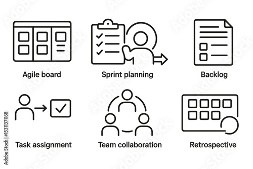 Developer Line Icons. Line style icons for developers: agile board, sprint planning, standup meeting, backlog, task assignment,