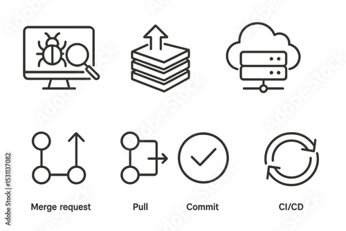 Developer Icons Set. Line style icons for developers: debugging, stack trace, cloud server, build pipeline, merge request, pull
