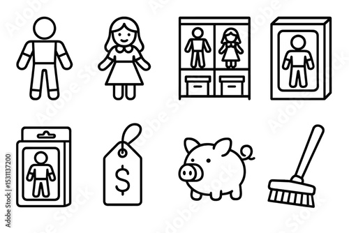 Toy Collecting Icons. Line style icons for toy collecting: action figure, doll, display shelf, collector’s box, packaging, price