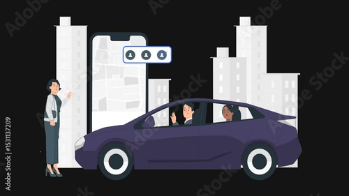 High Quality 4K 2D Cartoon Animation of Female Rideshare Passenger Joining Car to Share Trip – Urban Mobility, Carpooling, and Transport Service Concept with Transparent Background

