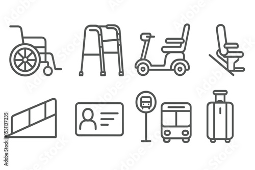 Elderly Mobility Icons. Line style icons for elderly mobility: wheelchair, walker, scooter, stair lift, accessible ramp,