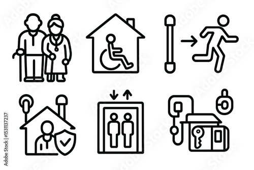 Elderly Housing Icons. Line style icons for elderly housing: assisted living, wheelchair accessible home, grab bars, emergency