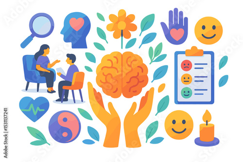 Mental Health Symbols. Colorful vector composition of mental health awareness, brain icon bursting into support hands, therapy
