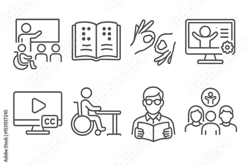 Education Accessibility Icons. Line style icons for education accessibility: accessible classroom, braille book, sign language,