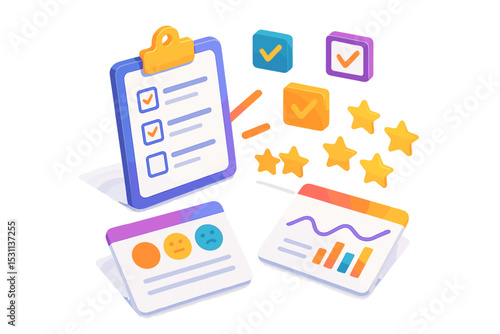 Online Survey Elements. Colorful vector composition of online surveys, clipboard bursting into checkboxes, rating stars, feedback