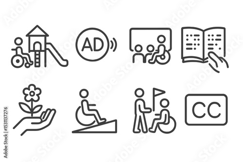 Accessible Leisure Icons. Line style icons for accessible leisure: accessible playground, audio description, accessible cinema,