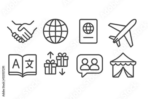 Cultural Exchange Icons. Line style icons for cultural exchange: handshake, globe, passport, airplane, language book, gift
