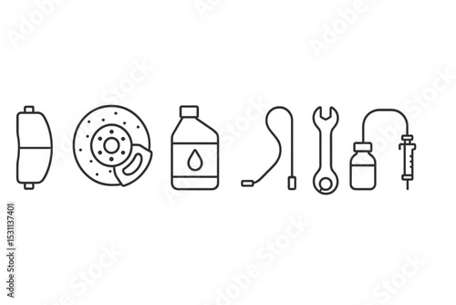 Brake System Icons. Line style icons for brake system repair: brake pad, brake disc, caliper, brake fluid, brake line, wrench,