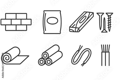 Construction Material Icons. Line style icons for construction materials: bricks, cement bag, wood plank, nails, screws,