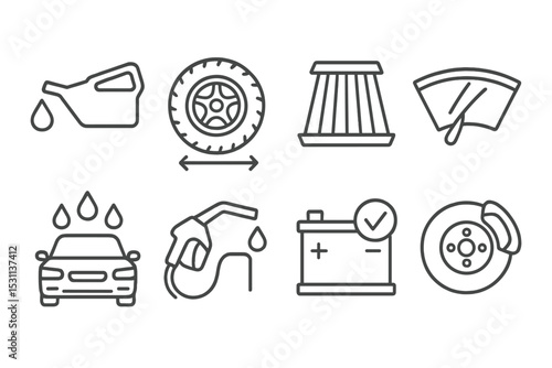 Car Maintenance Icons. Line style icons for car maintenance: oil change, tire rotation, air filter, windshield wiper, car wash,