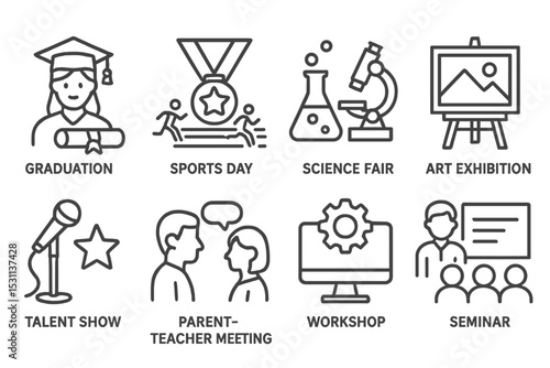 School Event Icons. Line style icons for school events: graduation ceremony, sports day, science fair, art exhibition, talent show