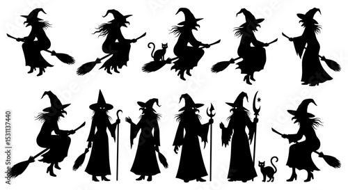 Silhouetted Witches in Various Poses with Broomsticks and Cats