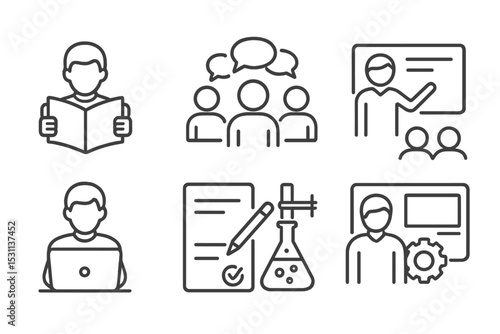 Student Activity Icons. Line style icons for student activities: reading, writing, group discussion, presentation, homework, test,