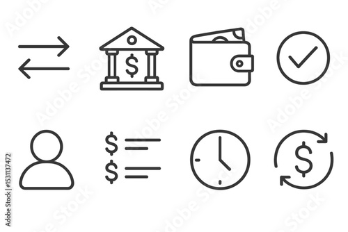 Money Transfer Icons. Line style icons for money transfer: transfer arrows, bank building, wallet, confirmation check, recipient