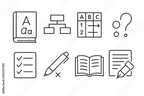 Grammar Practice Icons. Line style icons for grammar practice: grammar book, sentence structure, verb conjugation, punctuation