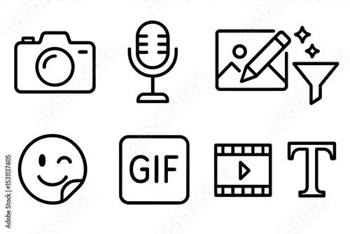 Content Creation Icons. Line style icons for content creation tools: camera, microphone, editing, filters, stickers, GIFs, video