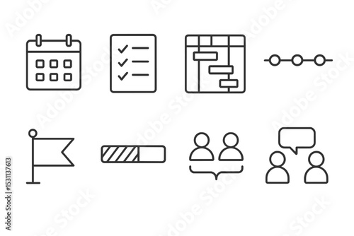 Project Management Icons. Line style icons for project management: calendar, checklist, gantt chart, timeline, priority flag,