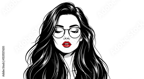 Stylish Woman with Long Black Hair and Glasses