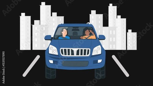 High Quality 4K 2D Cartoon Animation of Rideshare Driver and Happy Client on Trip – Urban Mobility, Customer Satisfaction, and Ride Experience with Transparent Background