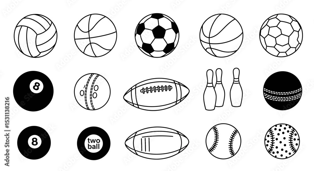 Fototapeta premium Collection of Various Sport Balls and Bowling Pins Icons