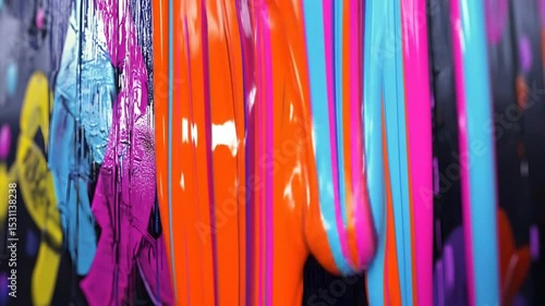Dripping, colorful paint streams cascade down a dark surface.  Close-up view of vibrant hues