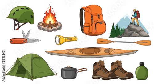 Camping and Hiking Gear: Backpack, Tent, Kayak, Boots, Fire, and More