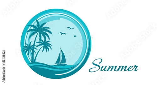 Teal Oval Summer Scene with Palm Trees and Sailboat