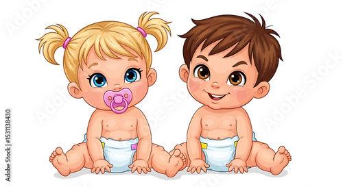 Cartoon Baby Girl with Pacifier and Baby Boy Sitting Together