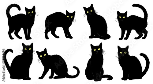 Collection of Black Cat Silhouettes with Yellow Eyes in Various Poses