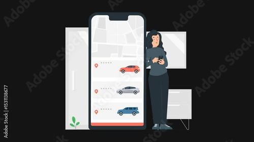 High Quality 4K 2D Cartoon Animation of Client Selecting Vehicle for Ride via Mobile App – Smart Mobility, Tech User Experience, and Rideshare Concept with Transparent Background
