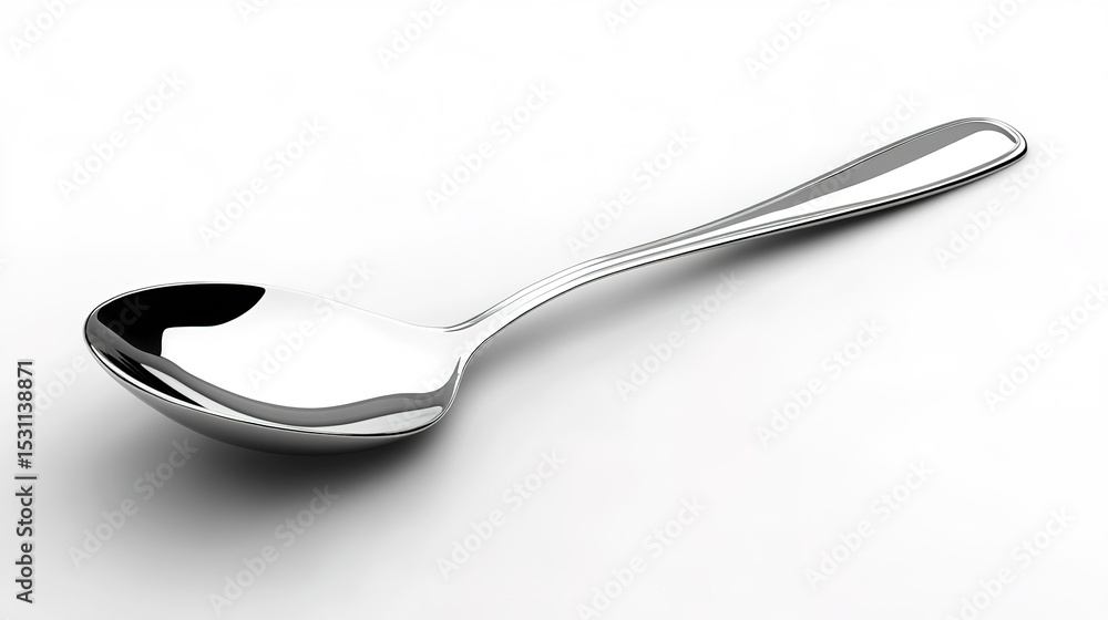 A shiny, reflective stainless steel spoon placed on a plain white surface, showing smooth curves and a clean, modern design. A shiny, reflective stainless steel spoon placed on a plain white surface, showing smooth curves and a clean, modern design.