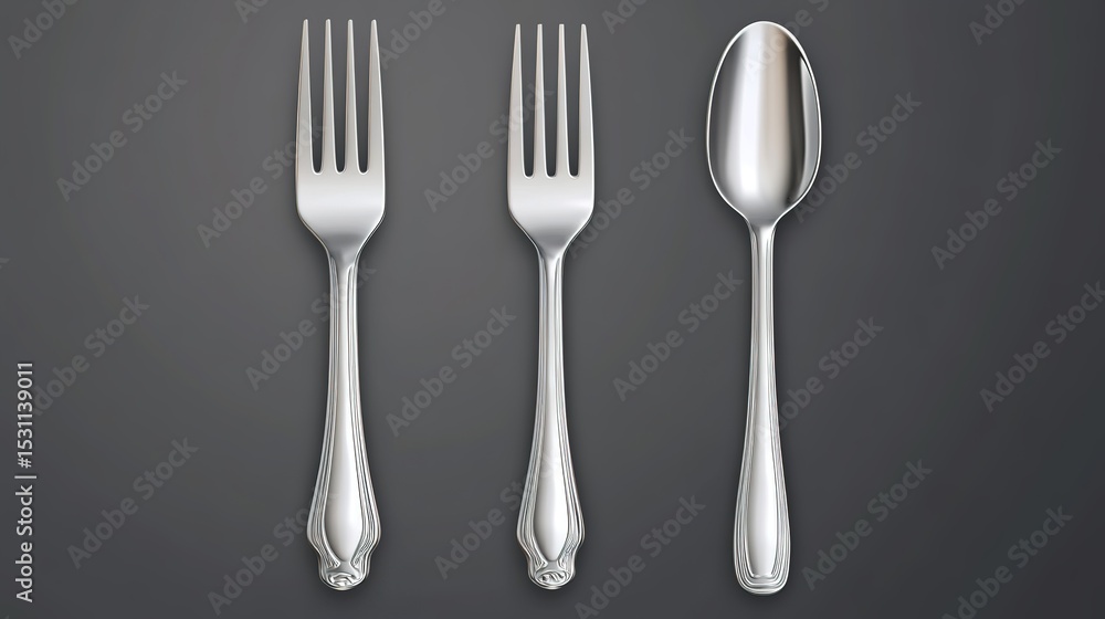 Two silver forks and one silver spoon are neatly arranged on a dark surface, showcasing elegant and polished cutlery. Two silver forks and one silver spoon are neatly arranged on a dark surface, showcasing elegant and polished cutlery.