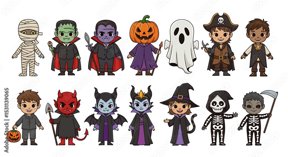 Cartoon Halloween Characters: Mummy, Vampire, Ghost, Witch, Devil, Skeleton, and More Cartoon Halloween Characters: Mummy, Vampire, Ghost, Witch, Devil, Skeleton, and More