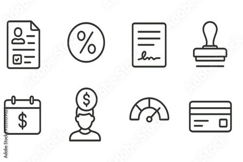 Loan and Credit Icons. Line style icons for loans and credits: loan application, interest rate, contract, approval stamp, payment