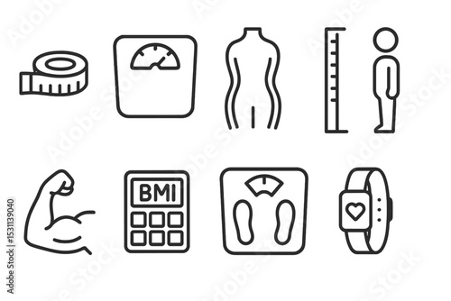 Body Measurement Icons. Line style icons for body measurements: tape measure, scale, body silhouette, height chart, muscle arm,