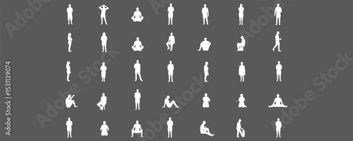 Extensive Collection of Human Silhouettes Vector Illustration Set, Various Poses, Standing, Sitting, Meditating, and Everyday Life Figures for Design Projects