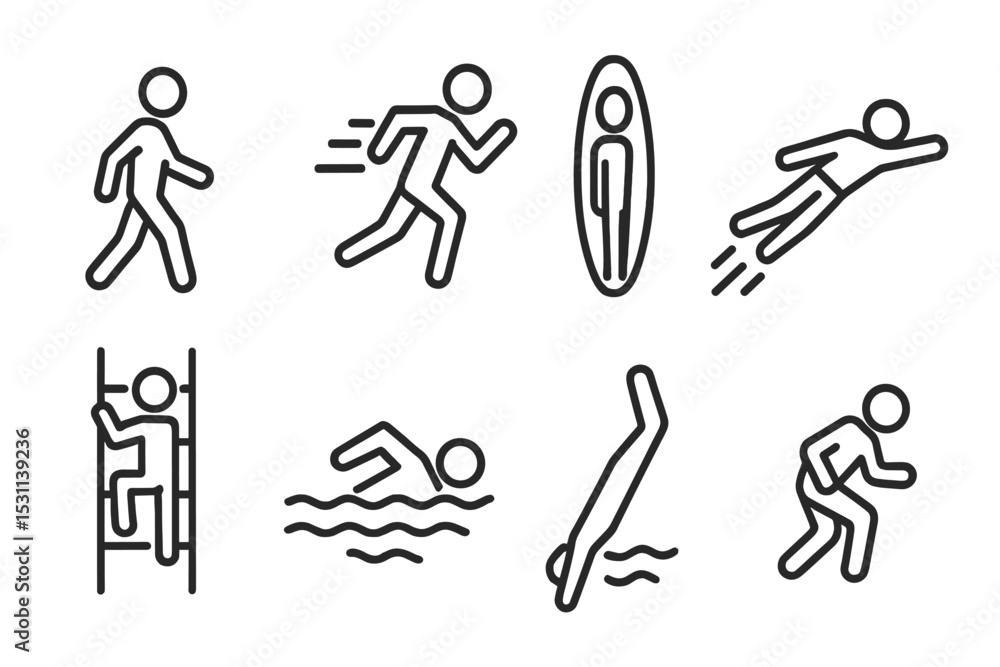 Obraz premium Movement Icons. Line style icons for movement: walk, sprint, teleport, fly, climb, swim, dive, sneak. No text, No labels, isolated
