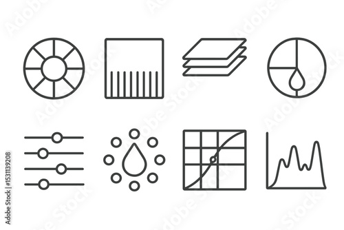 Color Grading Icons. Line style icons for color grading: color wheel, gradient map, LUT, split toning, color balance, selective
